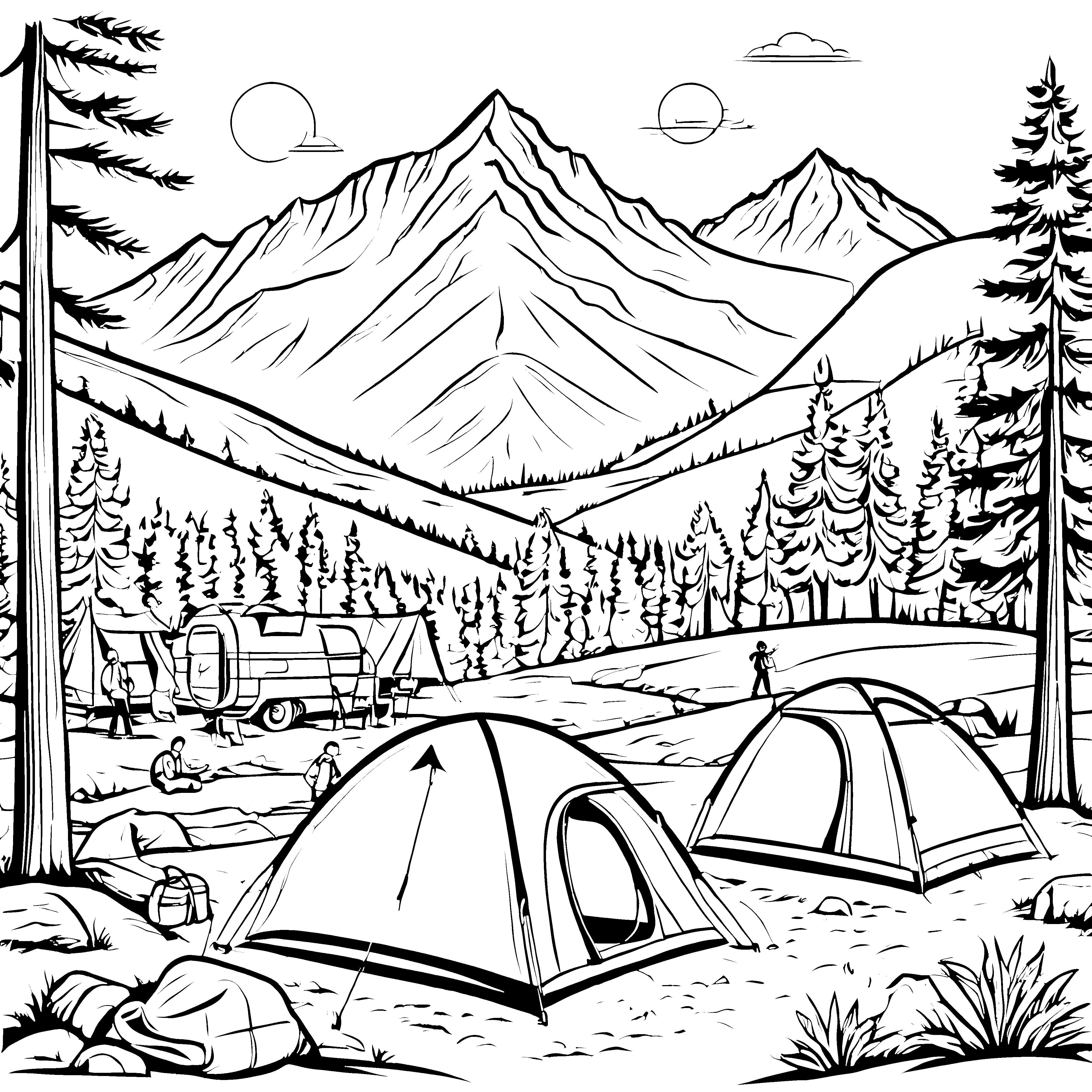 Abenteuerliches Camping mit zwei bunten Zelten Ausmalvorlage für kleine Entdeckerherzen
