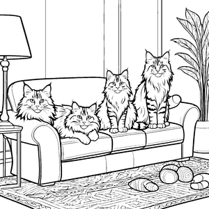 Faszinierende vier Maine Coon Katzen auf gemütlichem Sofa Ausmalvorlage für träumerische Katzenfreunde