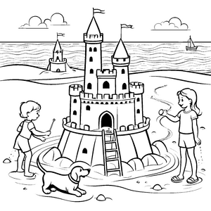 Prächtige Sandburg mit zwei kleinen Baumeistern Ausmalbild für neugierige Strandfreunde