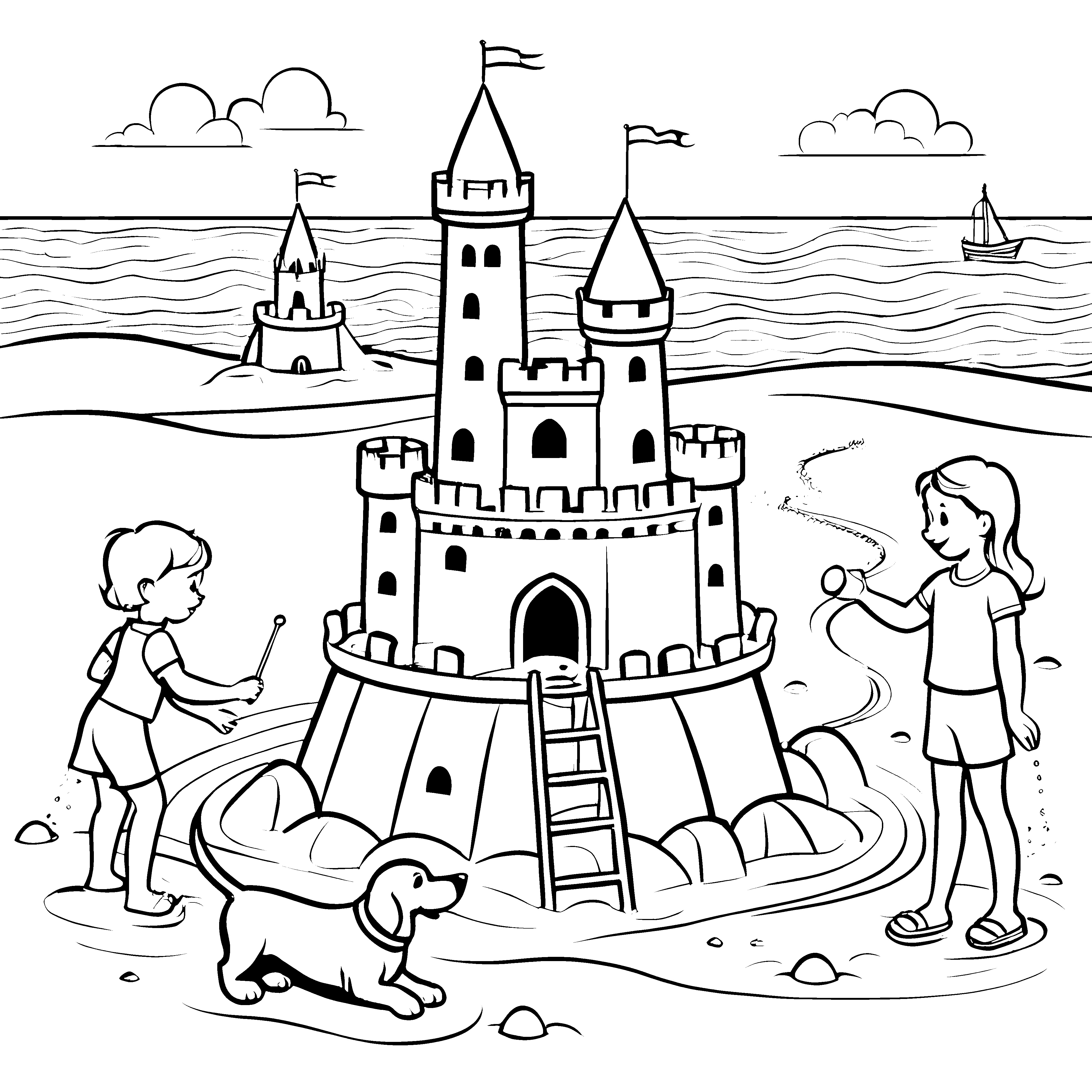 Prächtige Sandburg mit zwei kleinen Baumeistern Ausmalbild für neugierige Strandfreunde