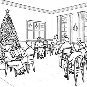 Besondere Weihnachtsfeier älterer Menschen am Tisch Ausmalmotiv für künstlerische Altersfreunde