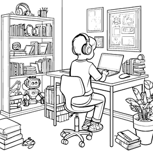 Junge mit Kopfhörern Laptop und vielen Büchern Ausmalvorlage für neugierige Wissensjäger