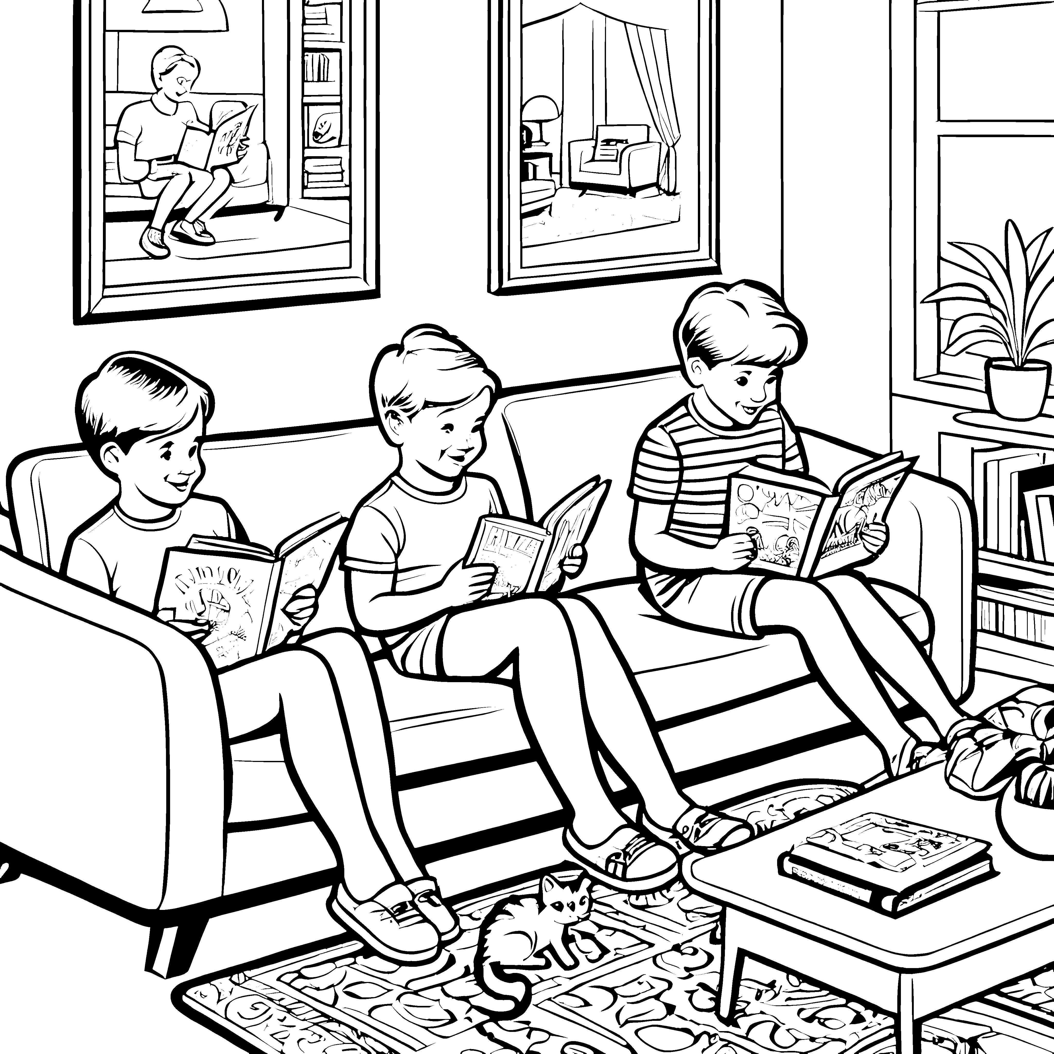 Bequeme Retro-Sofa mit lesenden Freunden Ausmalmotiv für fröhliche Entdecker