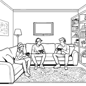 Spannendes Trio beim gemeinsamen Zocken auf der Couch Ausmalbild für kreative Familienabenteurer