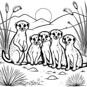 Fünf abenteuerliche Erdmännchen Jungtiere auf Entdeckungstour Ausmalbild für neugierige Tierfreunde und kleine Forschergeist