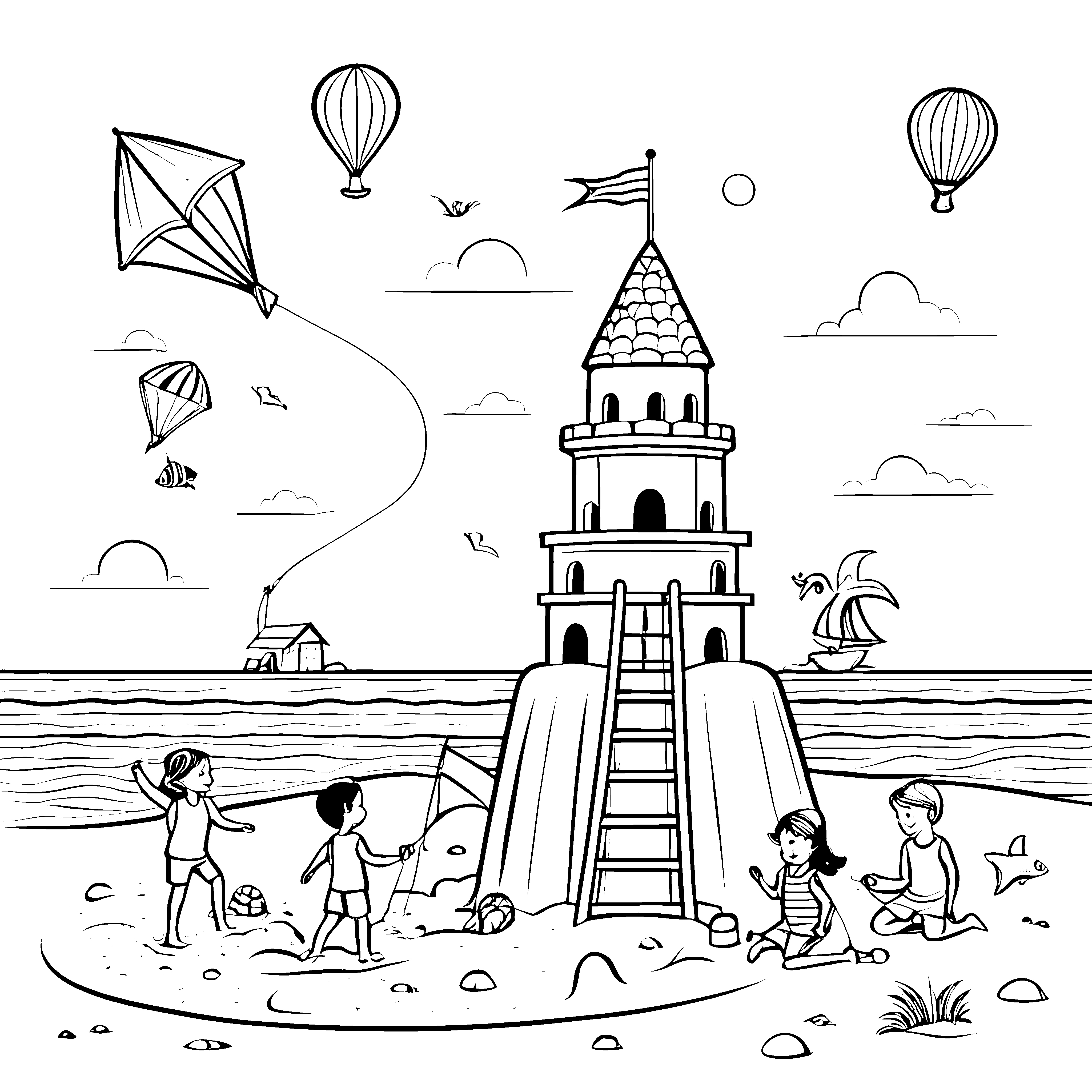Fantasievolle Sandburg unter bunten Luftballons Ausmalvorlage für neugierige Entdecker