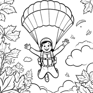 Fantasievoller Fallschirmspringer über fluffigen Wolken Ausmalmotiv für kleine Traumschiffer