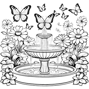 Schmetterlingsflatter über sprudelndem Brunnen Ausmalmotiv für kreative Gartenfreunde