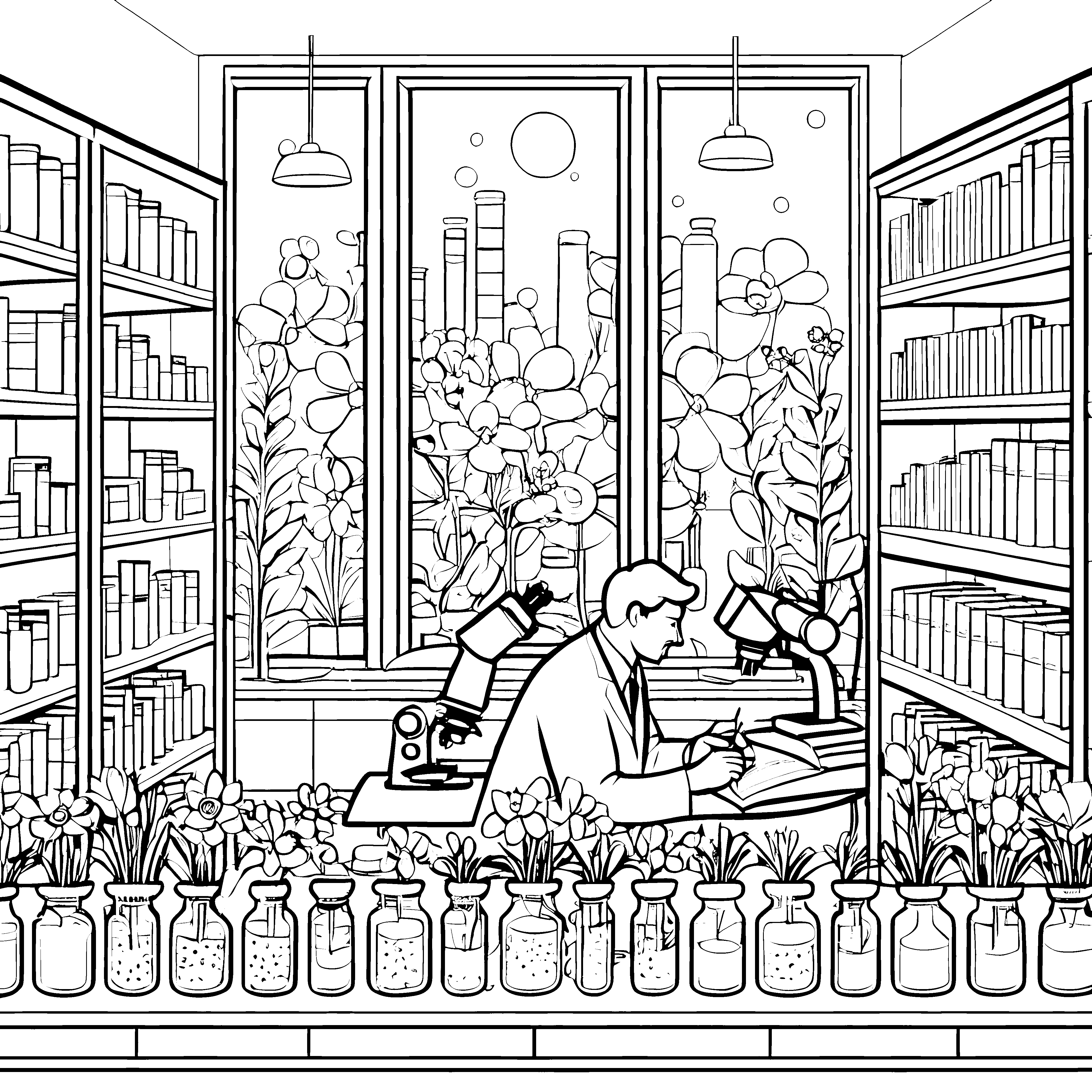 Neugieriger Biologe im floralen Labor Ausmalvorlage für junge Entdecker