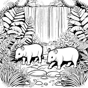Zwei neugierige Tapir Jungtiere am glitzernden Wasserfall Ausmalvorlage für abenteuerliche Naturentdecker und kreative Träumer