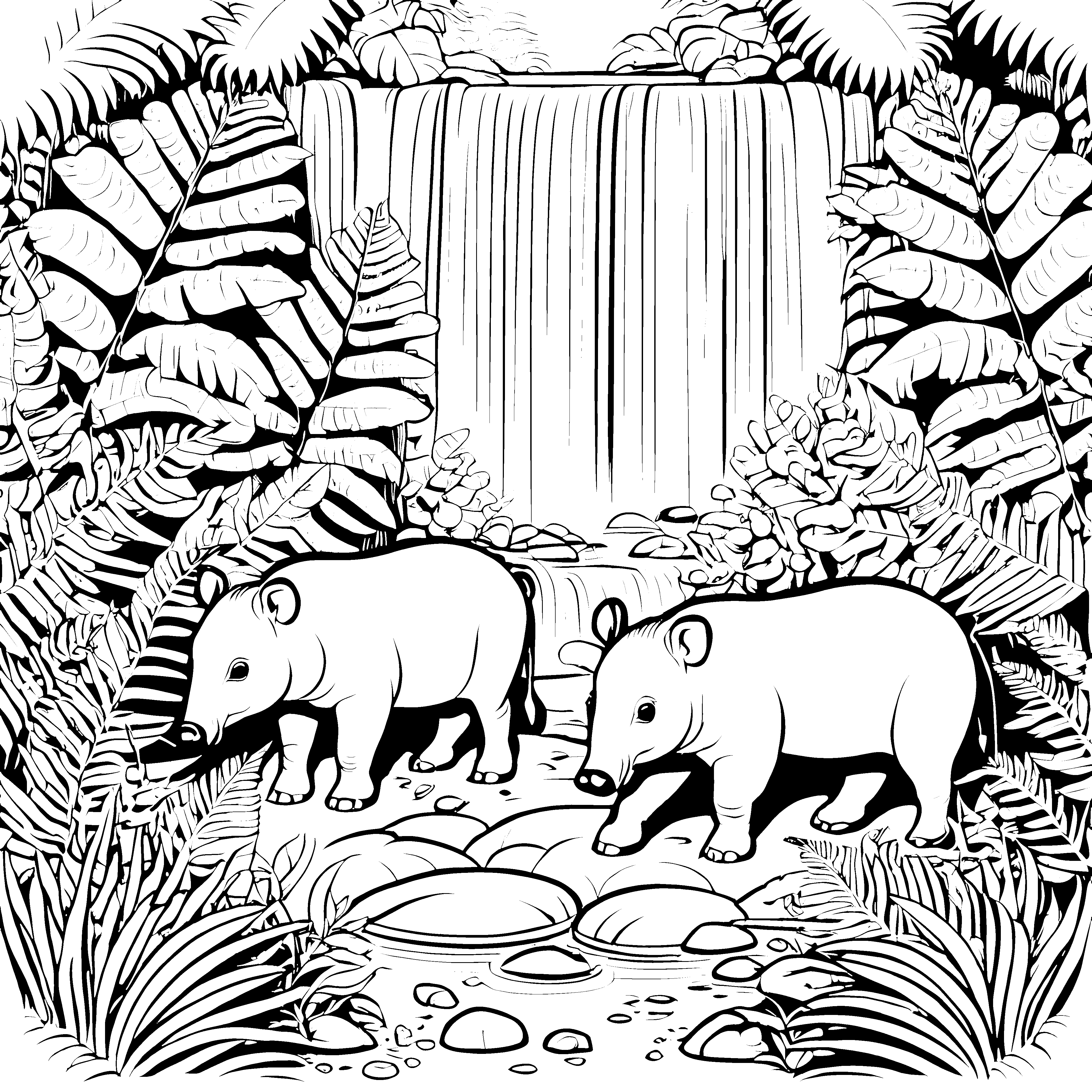 Zwei neugierige Tapir Jungtiere am glitzernden Wasserfall Ausmalvorlage für abenteuerliche Naturentdecker und kreative Träumer