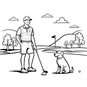 Lustiger Golfspieler mit seinem treuen Hund Malvorlage für begeisterte Sportfreunde