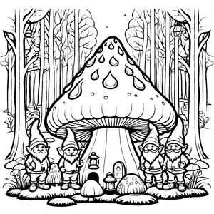 Abenteuerliche Gnome vor dem großen Pilzhaus Ausmalbild für fantasievolle Entdecker
