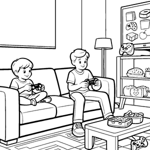 Zwei Gamer auf der Couch mit Kontrollen Malvorlage für kreative Spielestratege
