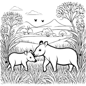 Zwei liebevolle Tapir Jungtiere im hohen Gras Malvorlage für kleine Naturschützer und einfühlsame Künstler