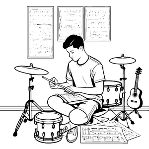 Fantasievoller Junge beim Trommeln mit Musikbuch Ausmalbild für kleine Klangkünstler