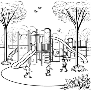 Lustiger Spielplatz mit fröhlichem Toben und kletternden Freunden Ausmalmotiv für kleine Abenteuerlustige