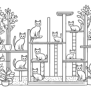 Sechs lebhafte Katzen erkunden den Kratzbaum Ausmalbild für fantasievolle Tierfreunde