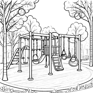 Fröhlicher Spielplatz im sonnigen Park Ausmalbild für lebhafte Entdecker
