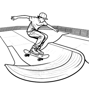 Dynamischer Skateboardprofi bei coolem Trick Ausmalbild für kreative Bewegungsfreunde