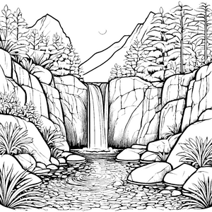 Majestätischer Wasserfall mit schroffen Felsen Malvorlage für kleine Naturabenteurer voller Neugier