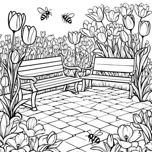 Faszinierende Tulpe zwischen zwei Bänken Ausmalmotiv für blühende Fantasieenutzer