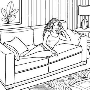 Entspannte Frau mit Wellenfrisur auf der Couch Ausmalvorlage für stilbewusste Kreativlinge
