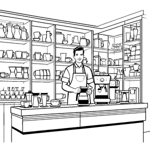 Begeisterter Barista mit duftendem Kaffee-Moment Malvorlage für kleine Genusskünstler