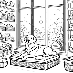Einladendes Hundekörbchen mit glücklichem Vierbeiner Ausmalvorlage für tierliebe Entdecker