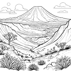 Majestätischer Vulkan mit beeindruckender Landschaft Ausmalbild für kleine Naturforscher