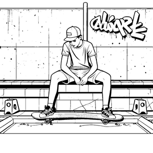 Cooler Skateboarder auf der stylischen Parkbank Ausmalmotiv für kreative Straßenkünstler