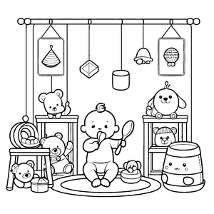 Lustiges Baby mit Spielzeug und Teddybären Ausmalmotivation für neugierige kleine Entdecker