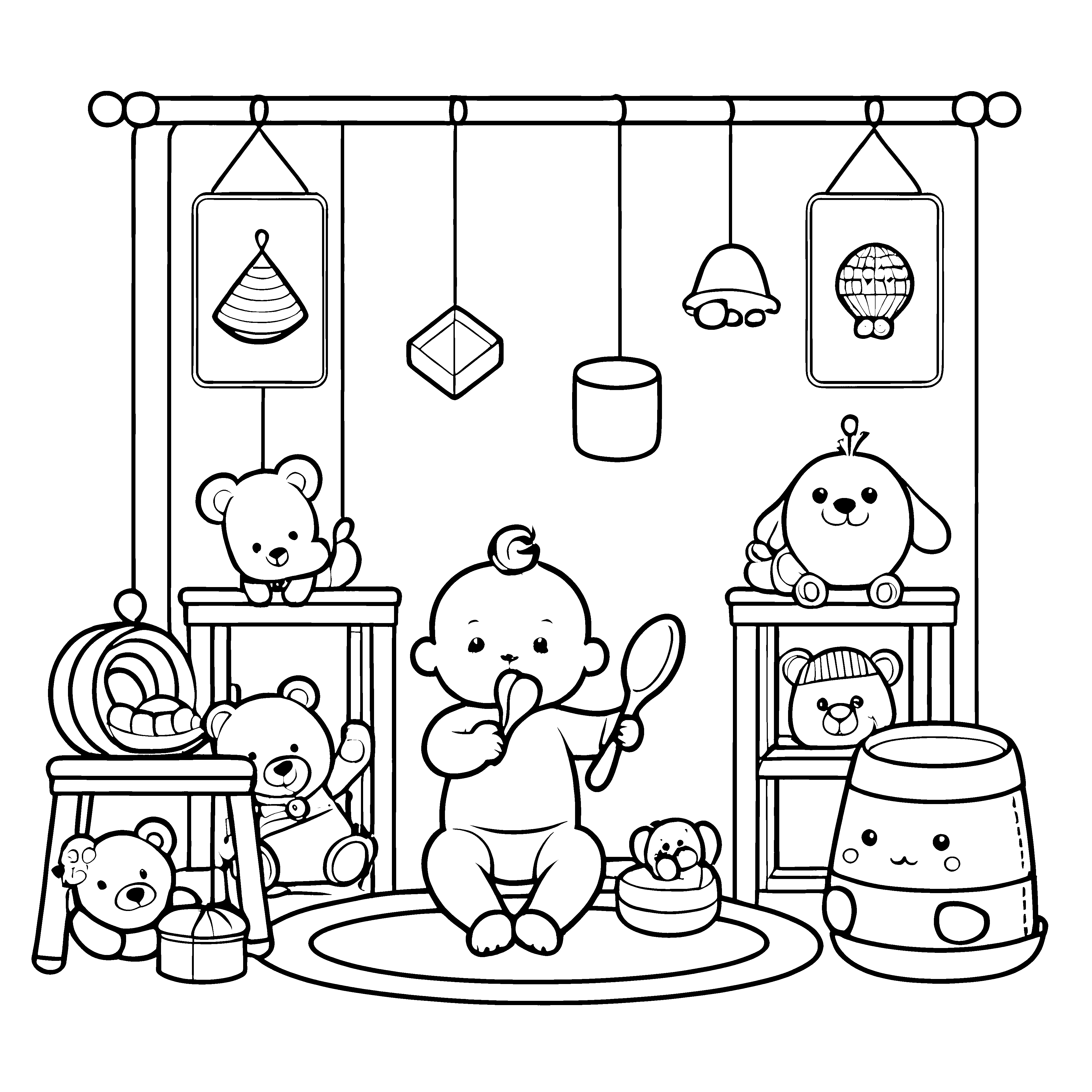 Lustiges Baby mit Spielzeug und Teddybären Ausmalmotivation für neugierige kleine Entdecker
