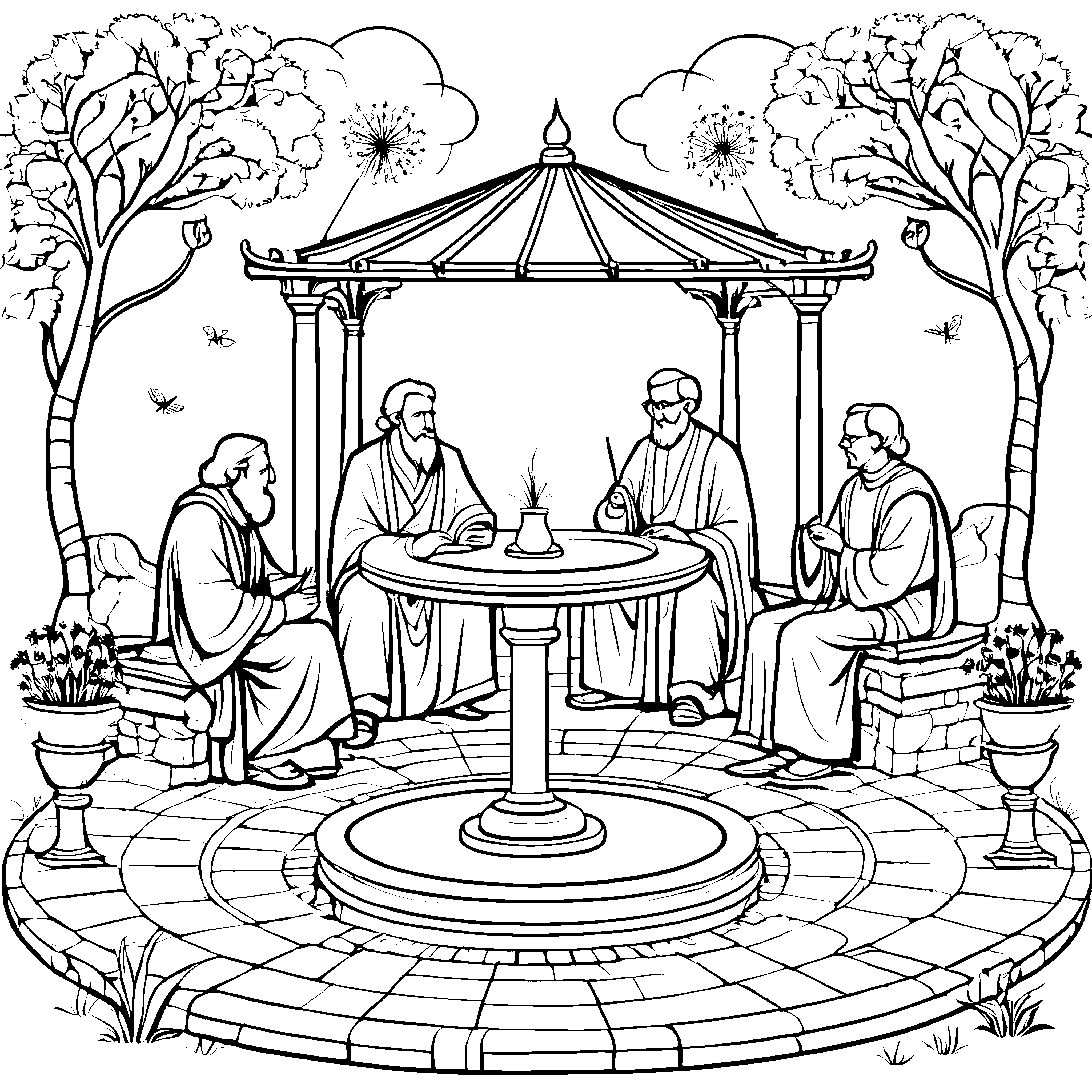 Philosophische Diskussion im Gartenpavillon Ausmalmotiv für neugierige Gedankenakrobaten