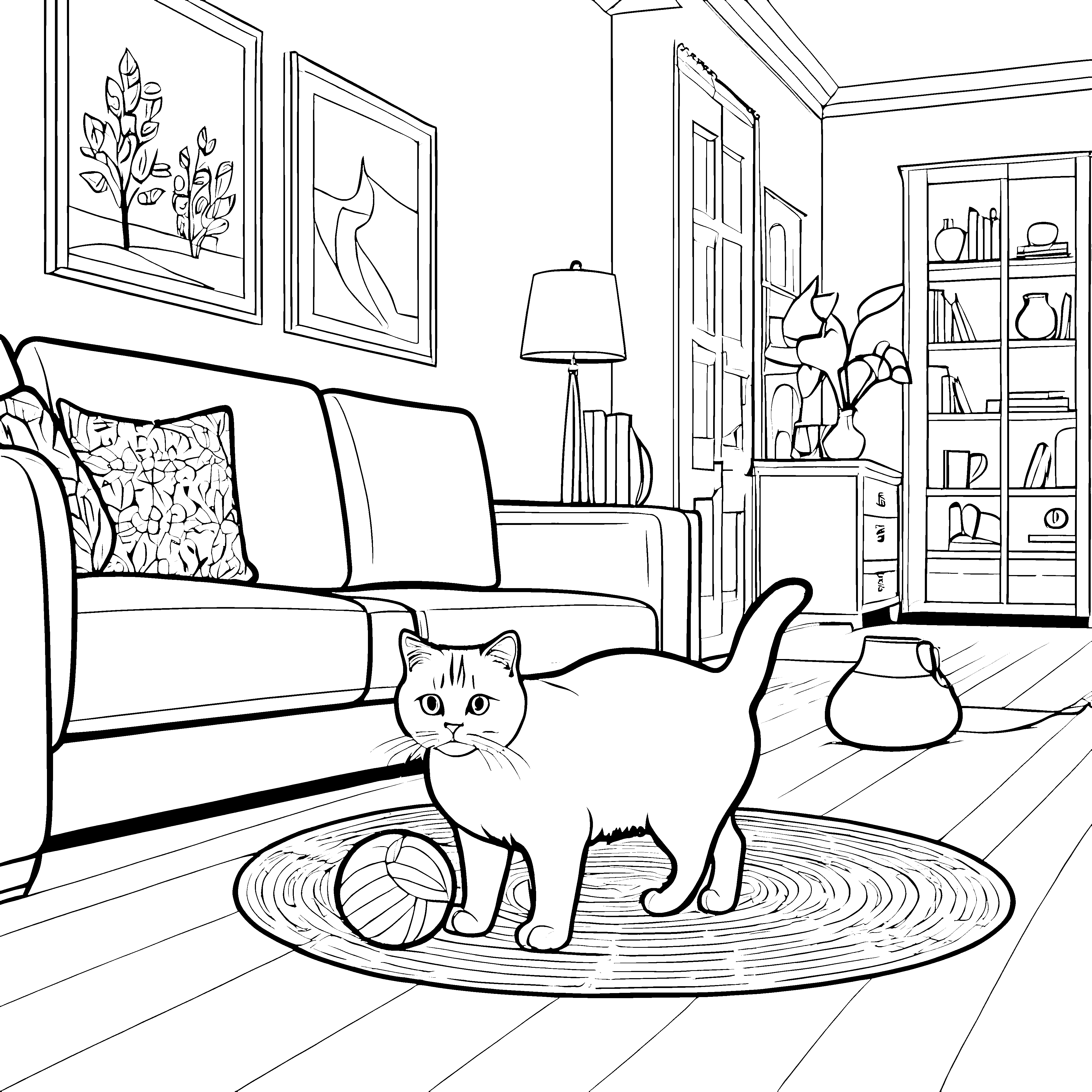 Britisch Kurzhaar Katze mit fröhlichem Wollball Ausmalvorlage für verspielte Entdecker