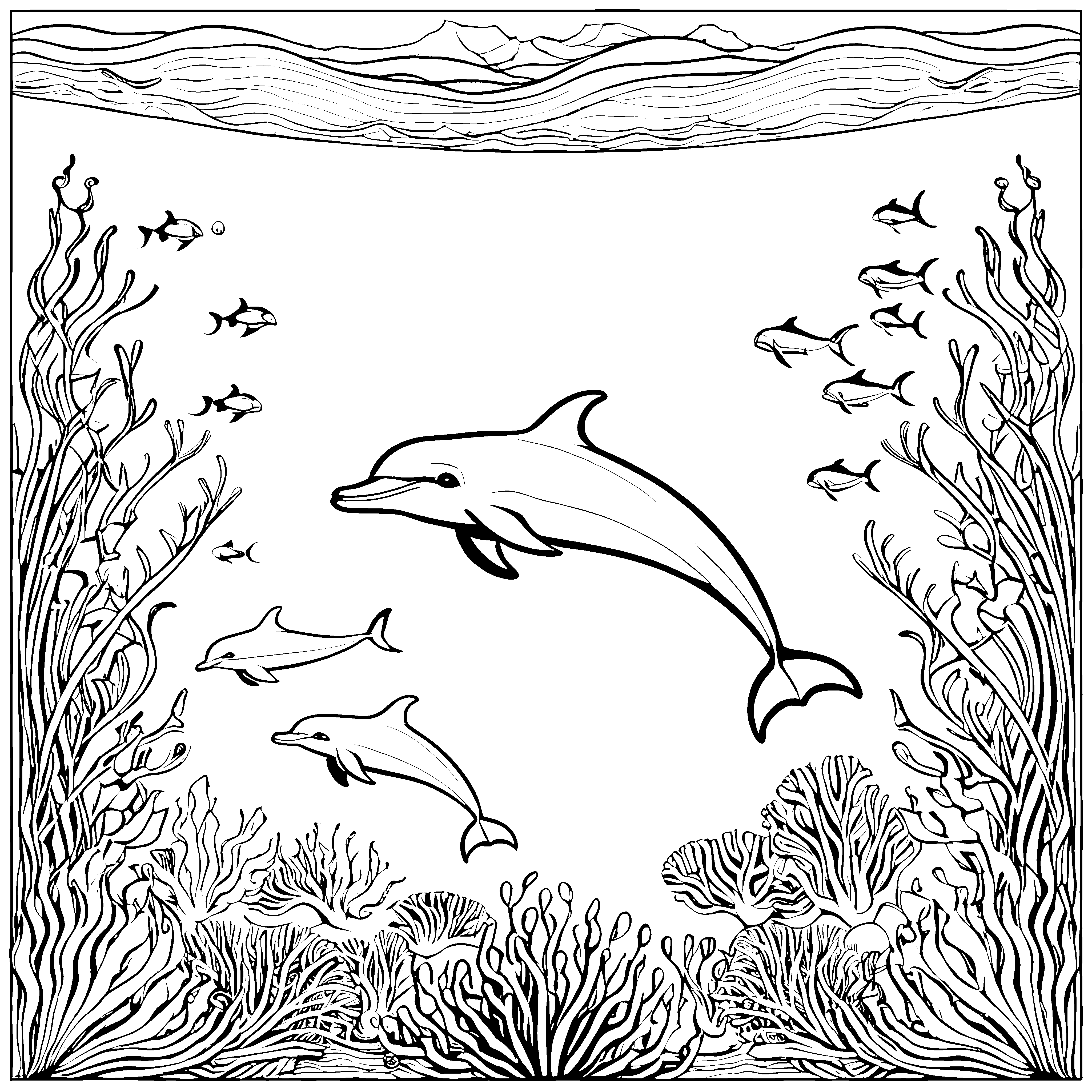 Harmonische Familie von Delfinen schwimmt elegant im Meer Ausmalbild für kleine Naturforscher
