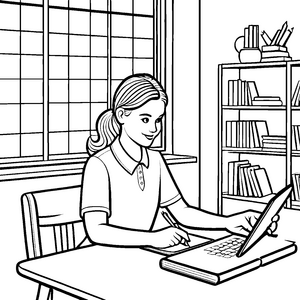Kreatives Mädchen mit Laptop und vielen Büchern Ausmalbild für neugierige Wissensjäger