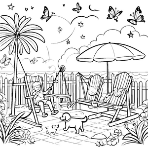 Sonnenschirm im bunten Garten mit fröhlichen Tieren Ausmalvorlage für kleine Sonnenanbeter