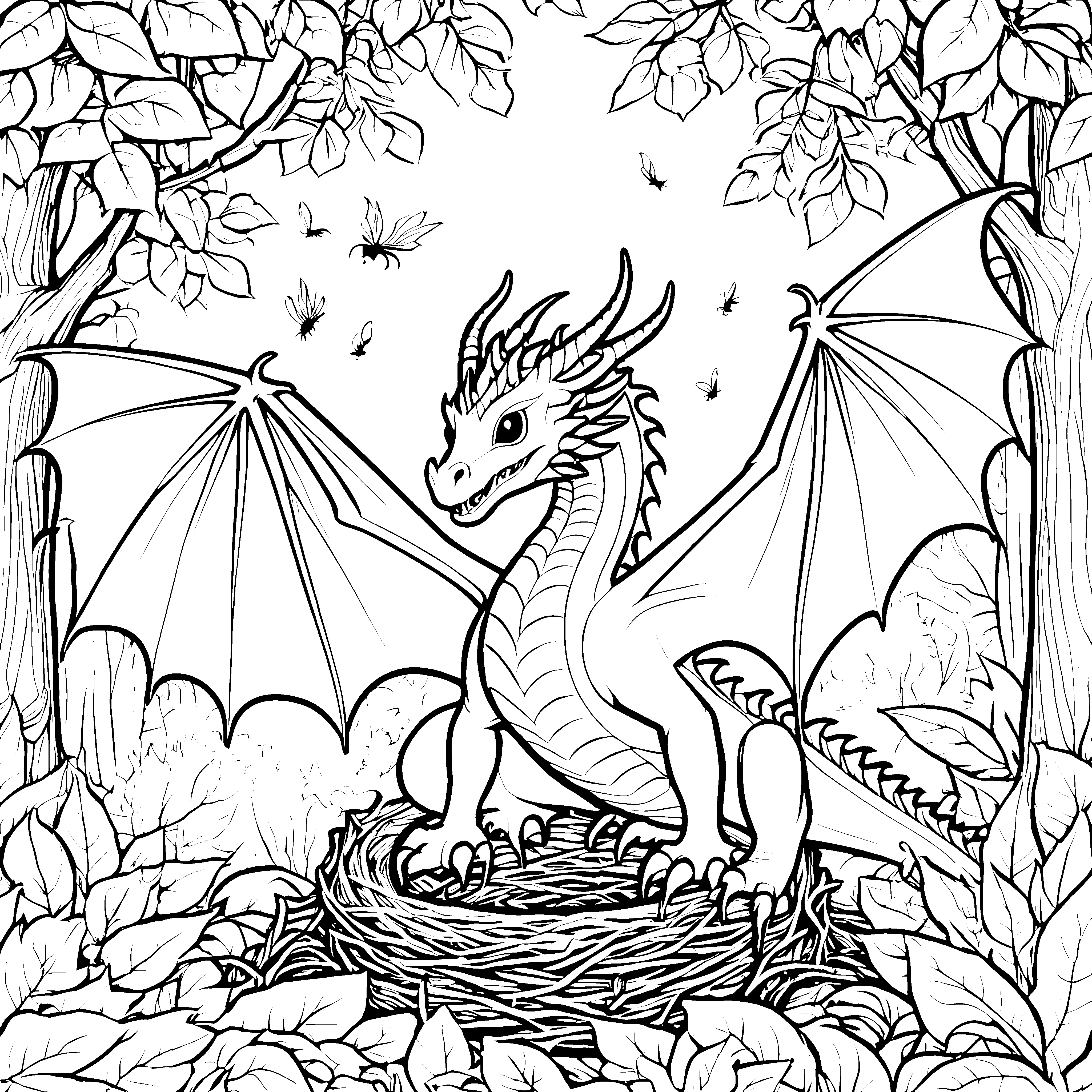 Majestätischer Drache im nest mit kleinen Drachen Ausmalvorlage für heldenhafte Farbgestalter