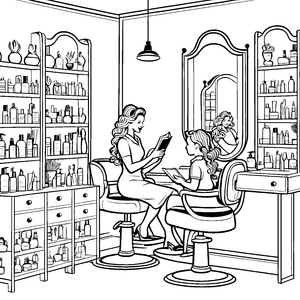 Entspannte Damen im Friseursalon mit bunten Flaschen Ausmalbild für stilbewusste Schönheitsexperten