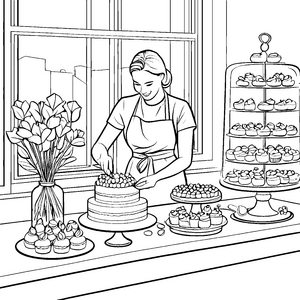 Kreative Kuchenmeisterin dekoriert süße Leckereien Ausmalvorlage für kleine Backprofis