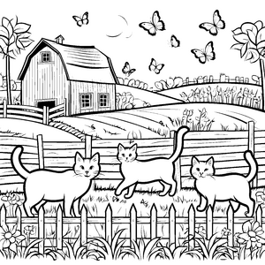 Witzige Bauernhofkatzen beim Schmetterlingsspiel Ausmalbild für kleine Tierentdecker