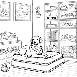 Gemütliches Hundekörbchen mit fröhlichem Goldi Ausmalmotivation für liebevolle Hundebesitzer