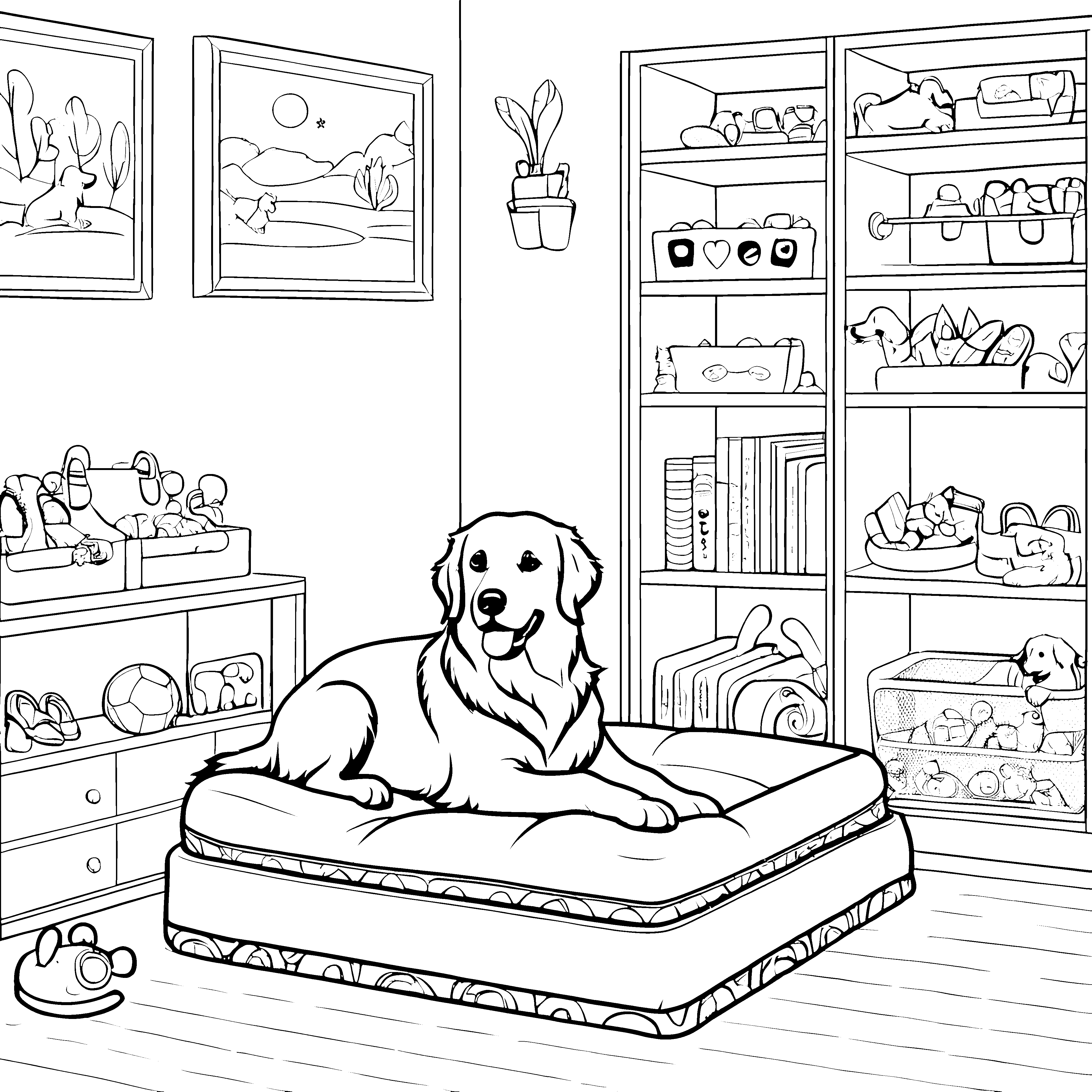 Gemütliches Hundekörbchen mit fröhlichem Goldi Ausmalmotivation für liebevolle Hundebesitzer