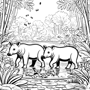 Zwei fröhliche Tapir Jungtiere im sprudelnden Fluss Ausmalbild für neugierige Abenteurer und kleine Naturtalente