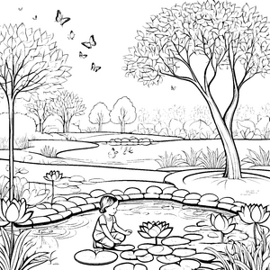 Friedliche Lotusblüten im funkelnden Teich Ausmalvorlage für träumerische Entdecker