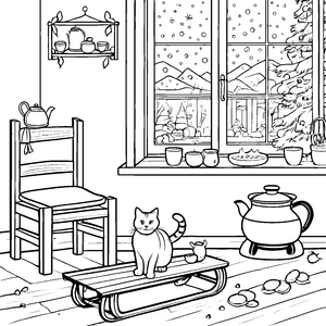 Gemütlicher Winterabend mit schnurrenden Katzen Ausmalvorlage für frohe Weihnachtsfreunde