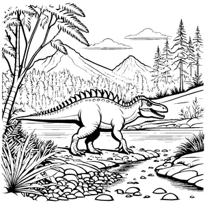 Spannender Carnotaurus am geheimnisvollen Fluss Ausmalbild für junge Dino-Entdecker