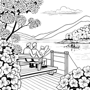 Gemütliches Pärchen auf der Bank am See Ausmalbild für entspannte Geschichtenerzähler