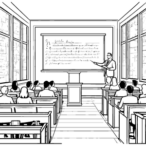 Inspirierendes Klassenzimmer mit engagiertem Dozenten Ausmalvorlage für wissbegierige Lernfreunde